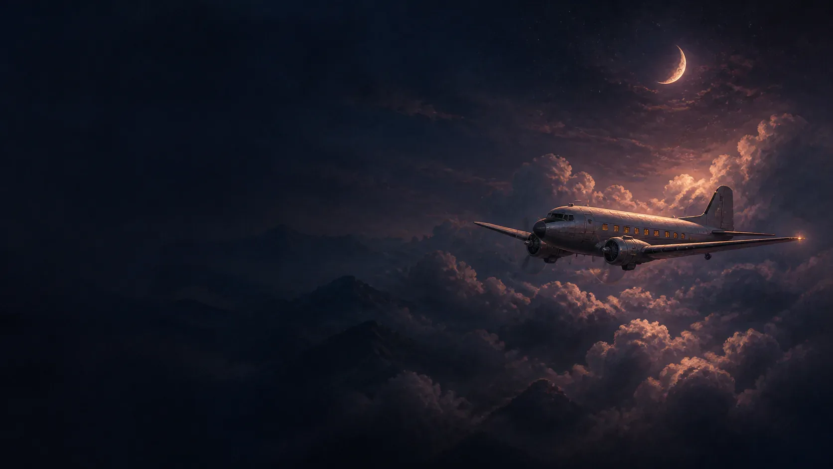 A luminous airplane crossing a mythic indigo sky above distant clouds