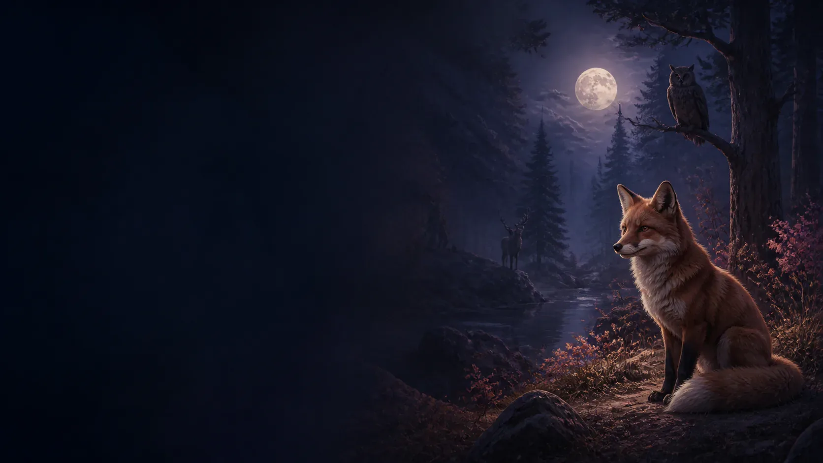 A fox, owl, and deer gathered in a moonlit forest clearing