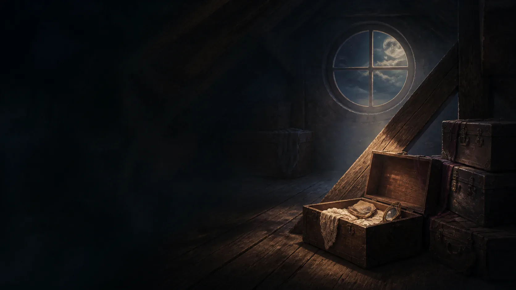 A copper-lit attic filled with boxes beneath the beams of a dark mythic house