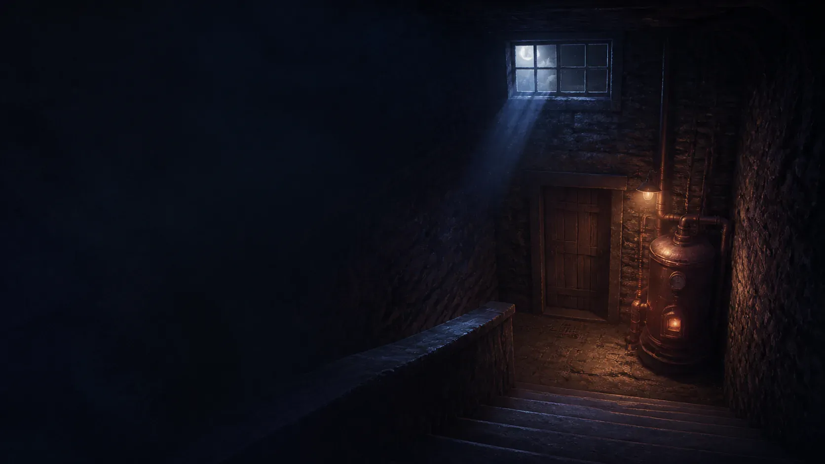 Copper light descending into a stone basement beneath a dark mythic house