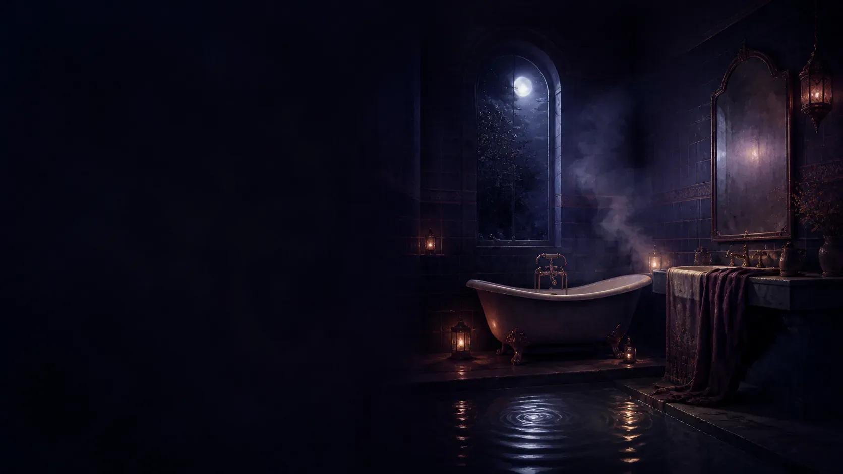 A quiet mythic bathroom with copper light reflected in deep indigo water