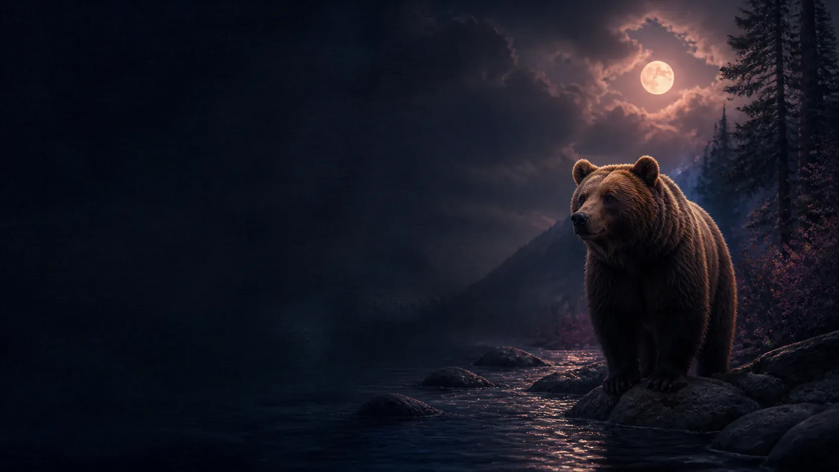 A large bear standing beyond a moonlit stone boundary near a mythic indigo cafe