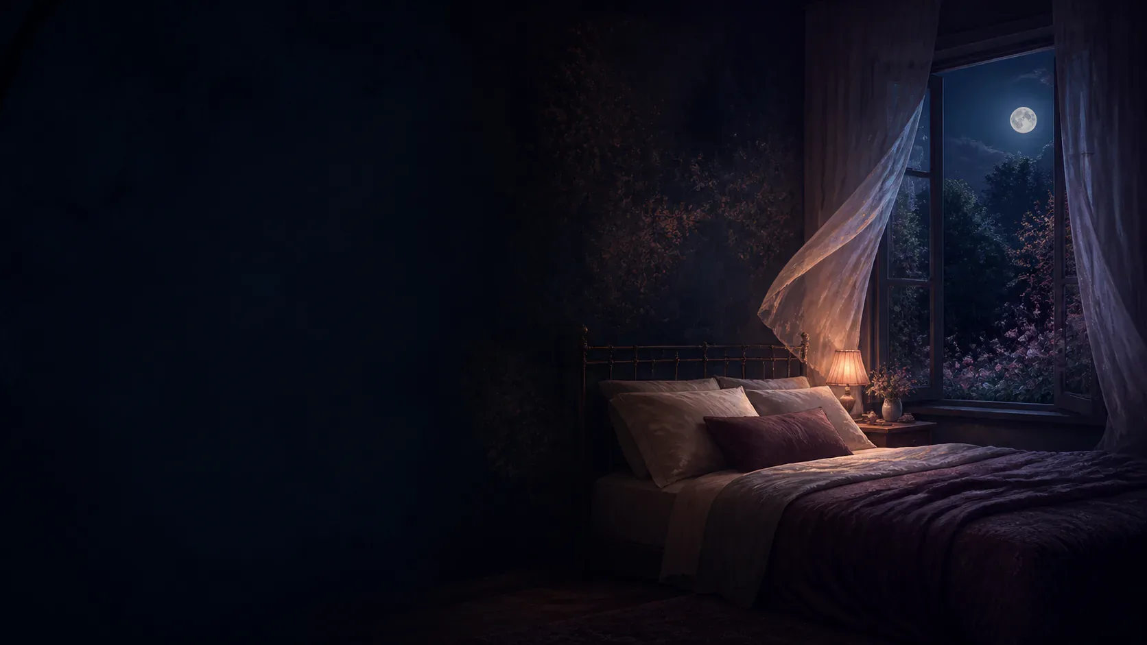 A quiet mythic bedroom with copper lamplight beneath an indigo night window