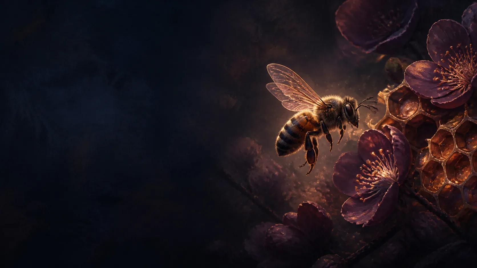 A luminous bee hovering beside copper flowers in a mythic indigo garden