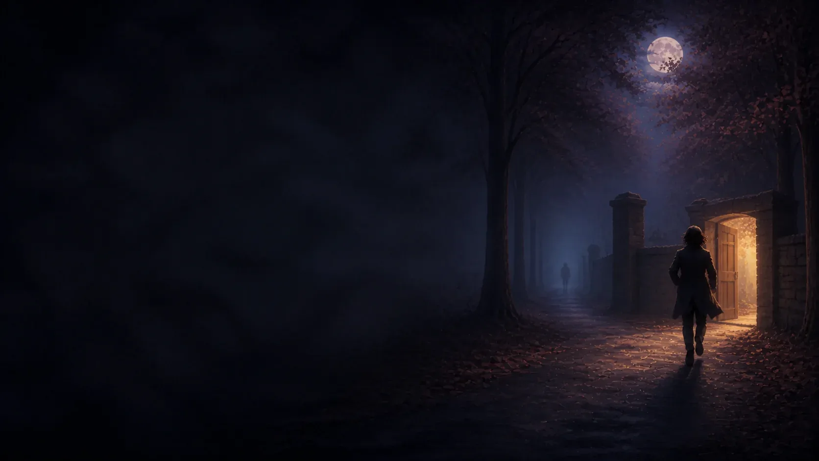 A dreamer reaching a warm doorway behind a stone barrier while a distant shadowed figure remains in mist