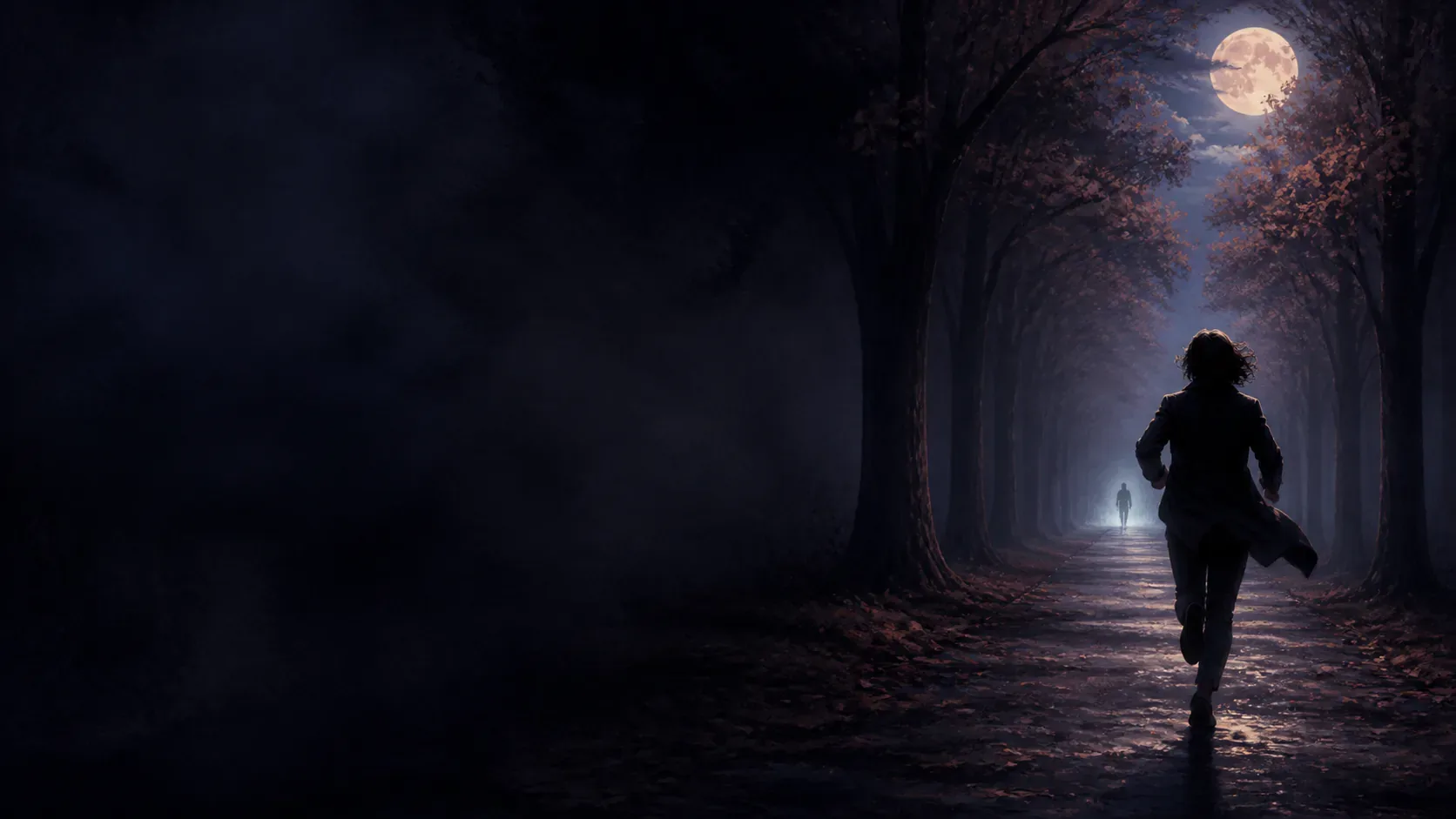 A lone figure running along a moonlit path while a distant shadow follows through indigo mist