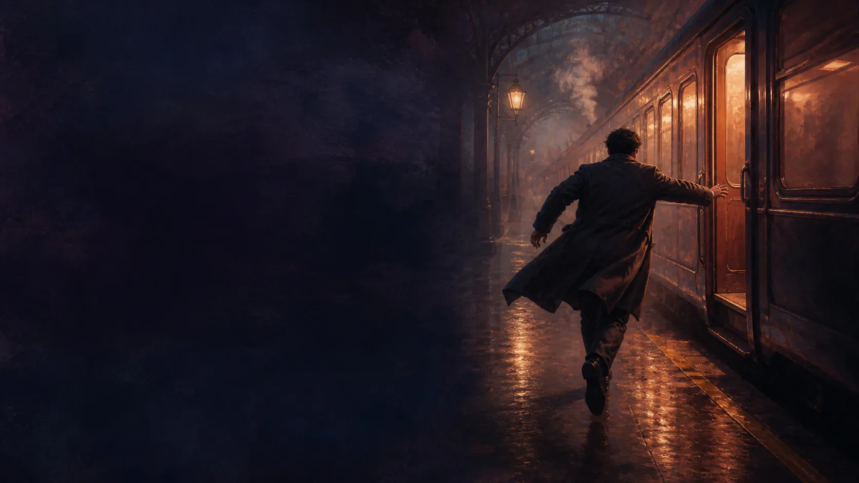 A dreamer hurrying past a luminous clock through a mythic city at twilight