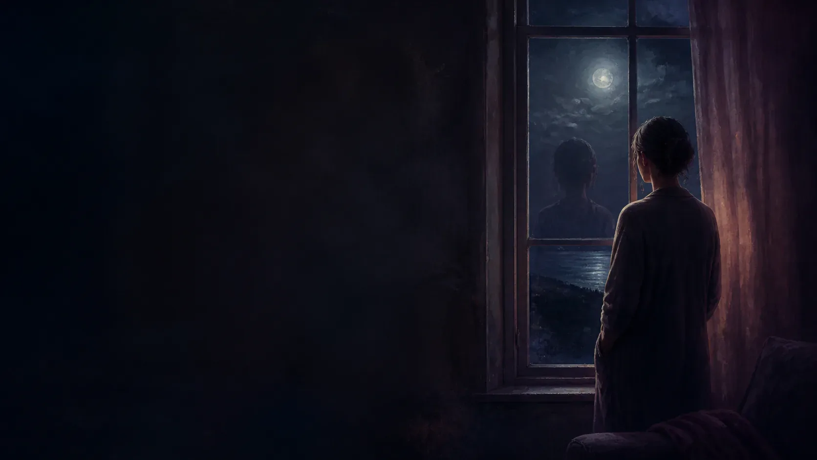 A solitary figure sensing an observer beyond a moonlit cafe window