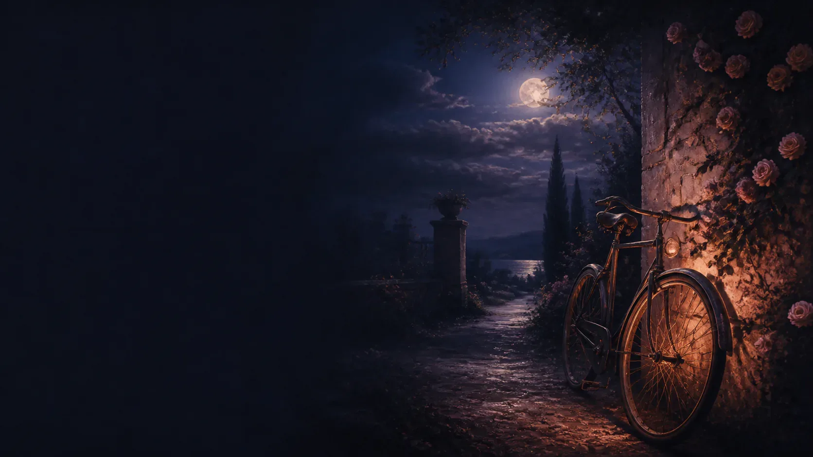 A lone bicycle rider following a copper-lit path through a mythic night landscape