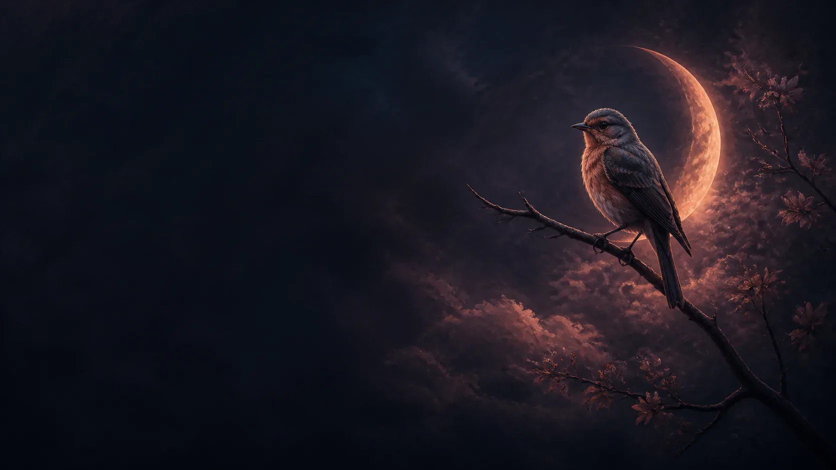 A luminous bird taking flight above a moonlit cafe terrace in a mythic indigo sky