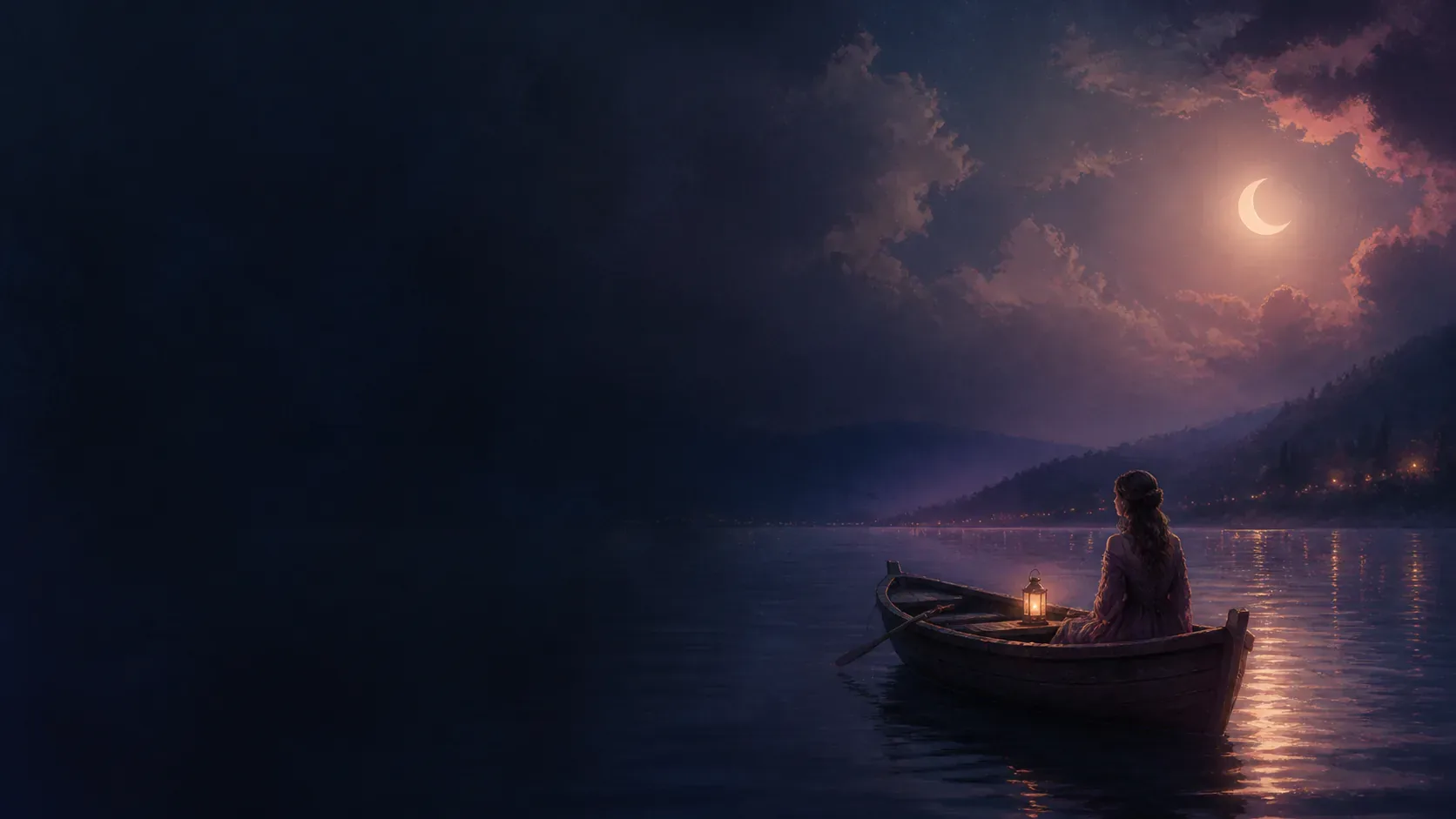 A small glowing boat crossing dark mythic water beneath a plum-colored sky