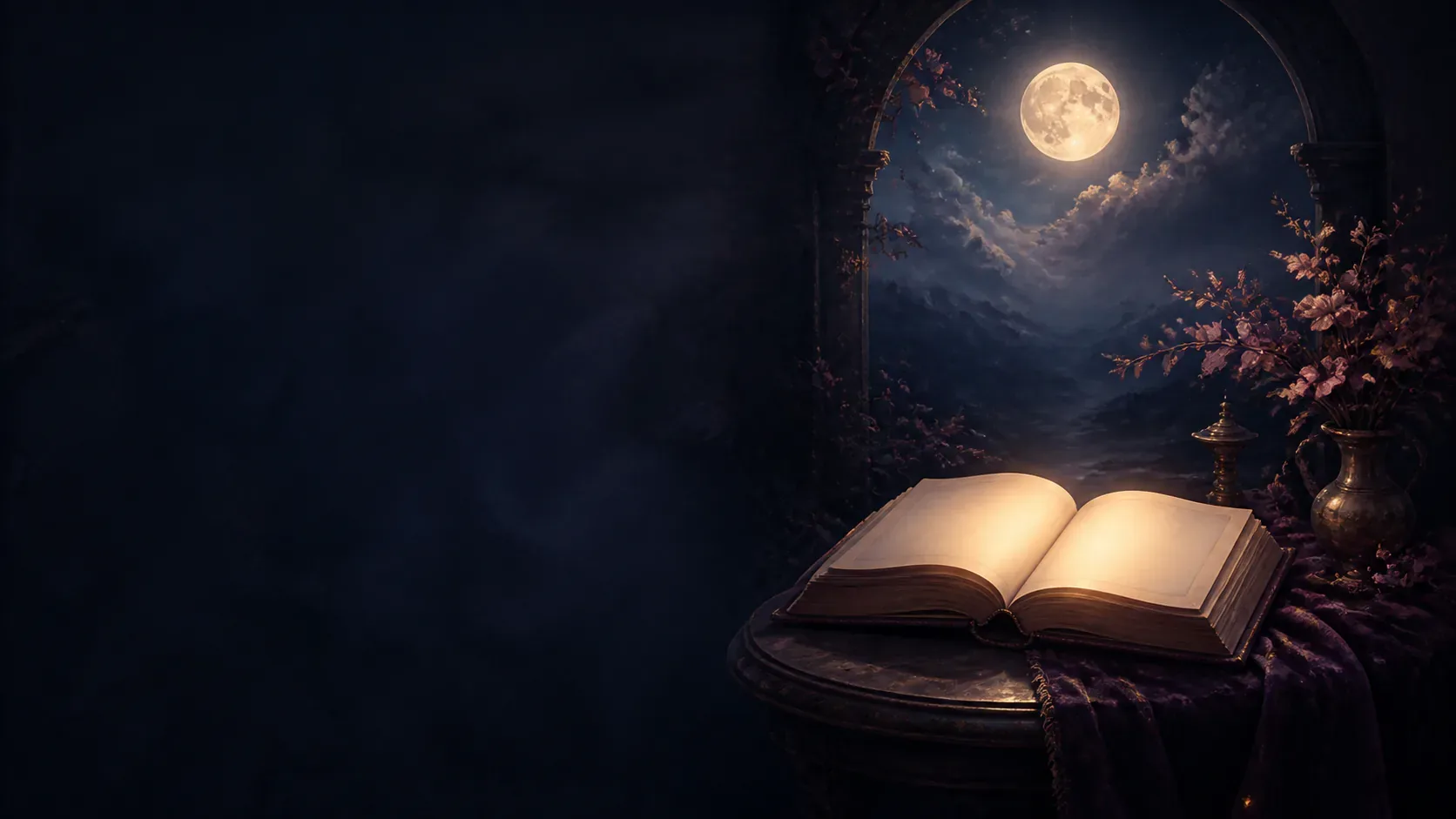 An open book glowing softly on a cafe table beneath a moonlit window