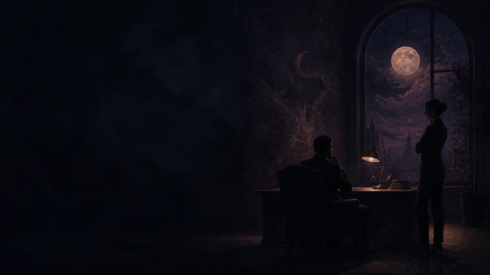 A solitary worker facing a distant figure of authority in a mythic indigo office