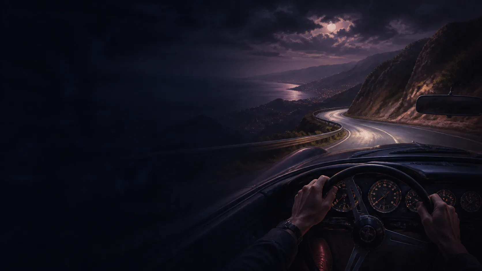 A dreamer pressing a failed brake pedal as a mythic twilight road descends ahead