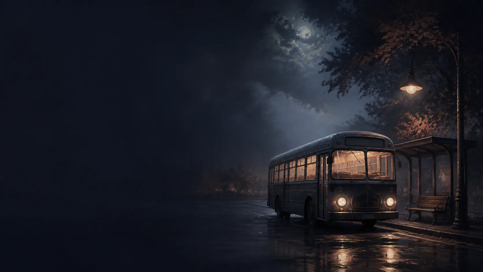 A glowing bus travelling through a quiet mythic city at night
