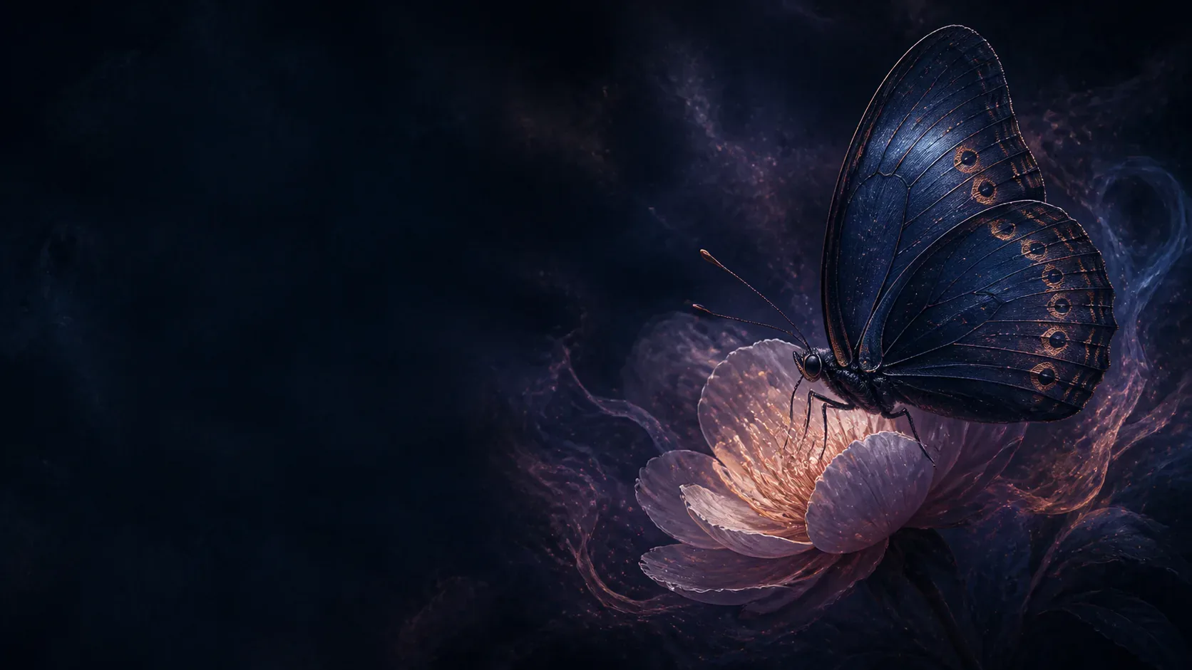 A copper and violet butterfly above flowers in a moonlit mythic garden