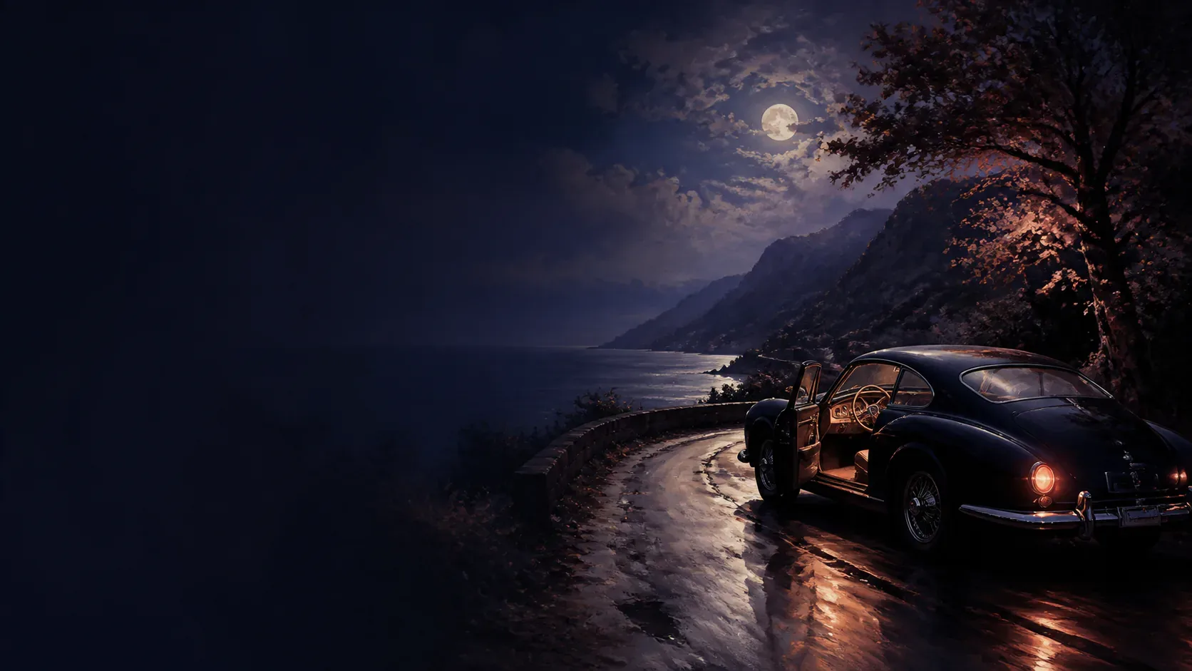 A car following a copper-lit road through a dark mythic landscape