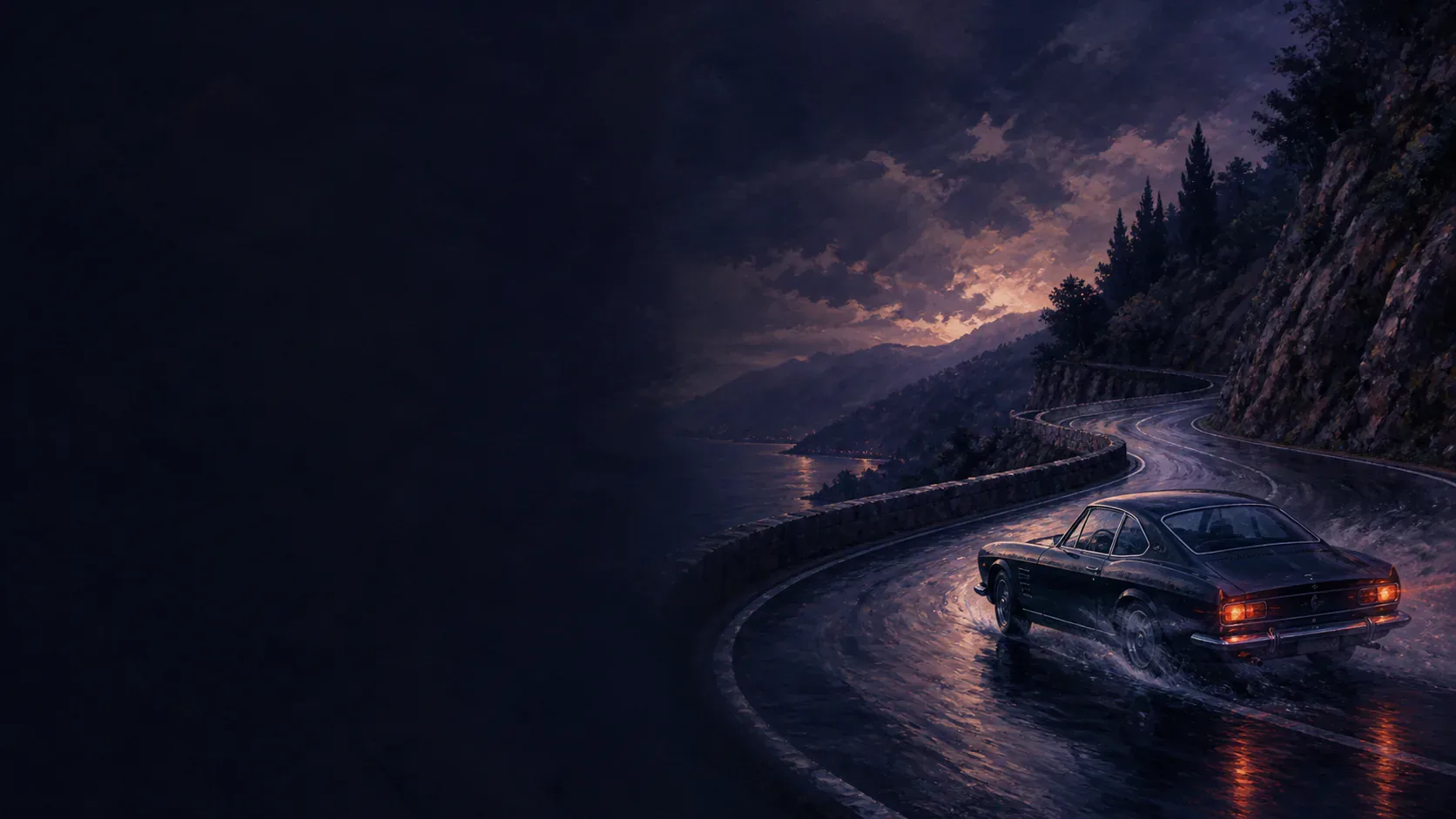 A dreamer gripping the wheel of a swerving car on a mythic twilight road