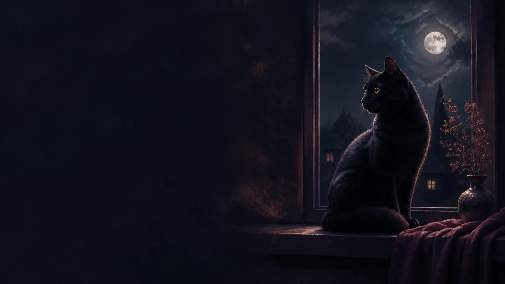A curious cat on a moonlit cafe windowsill overlooking a mythic indigo garden