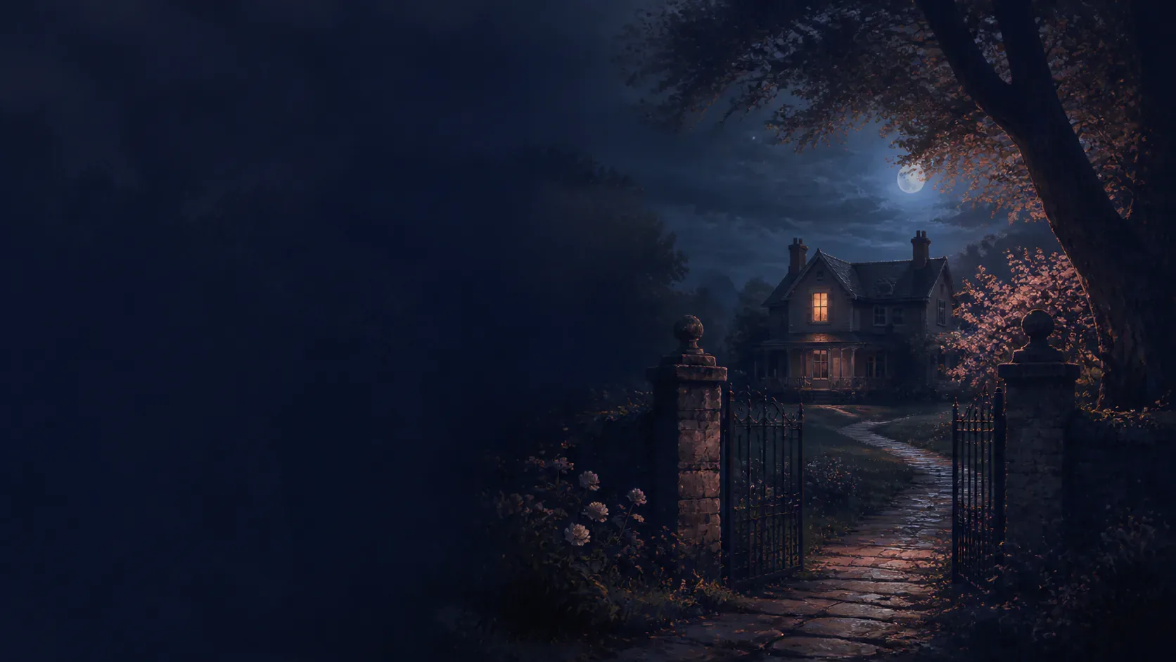 A remembered childhood house glowing through mythic indigo mist and copper light