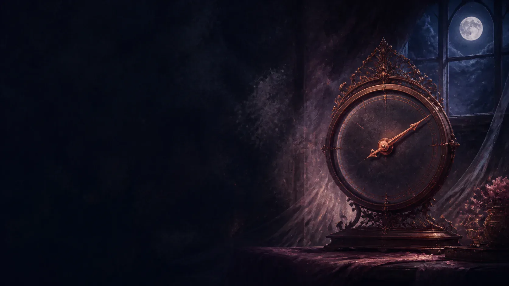 An ornate clock glowing in a moonlit cafe with soft amber and blue light