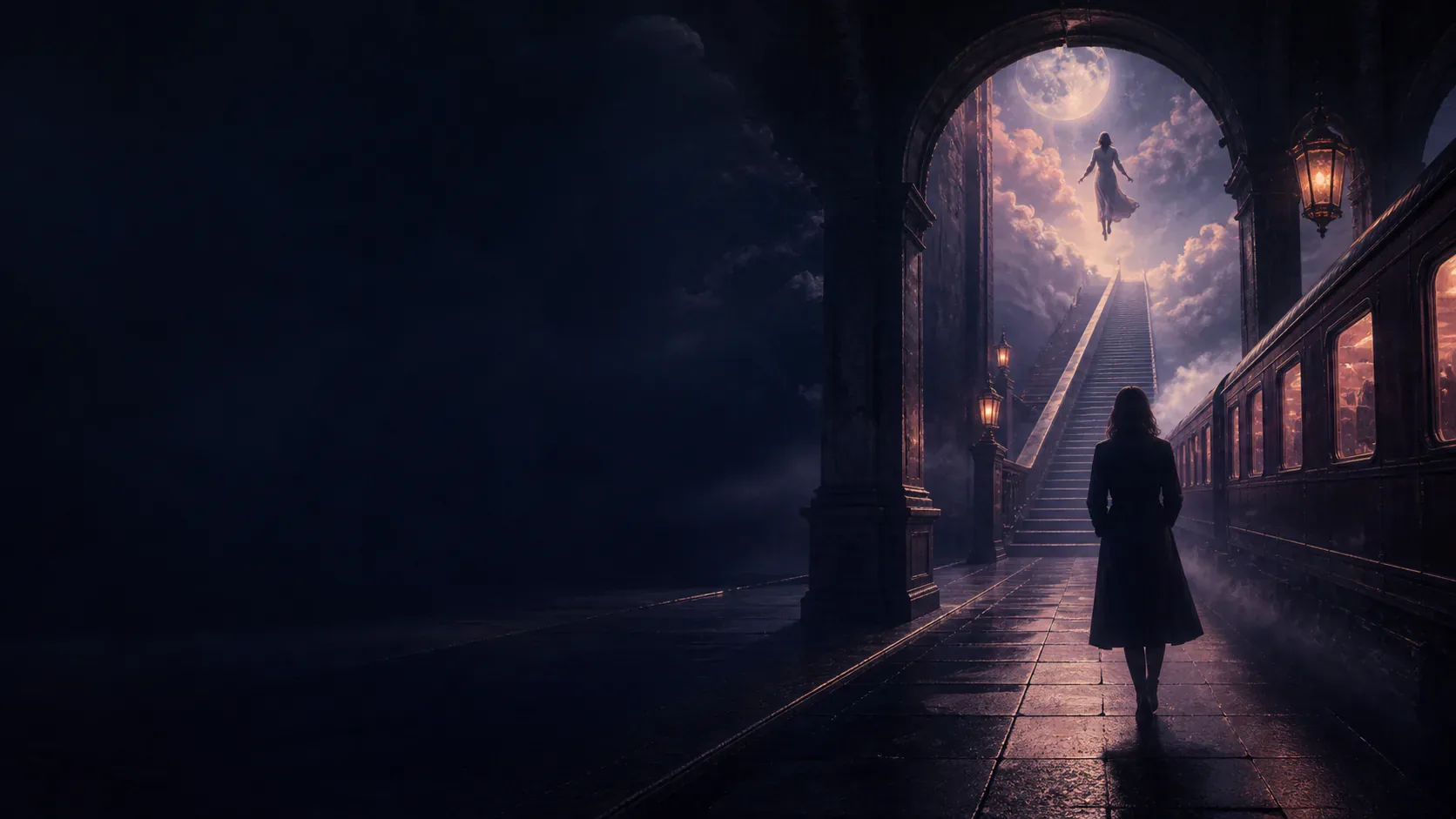 A moonlit station opening toward a staircase, train, and floating figure