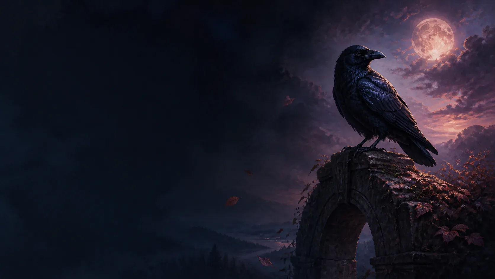 A black crow on a copper-lit branch above a mythic indigo landscape