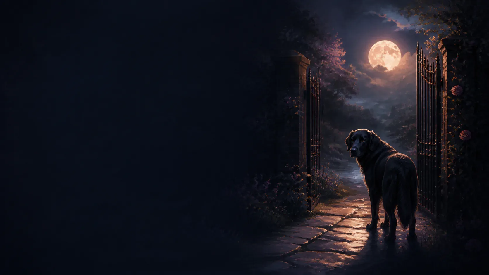 A watchful dog beside a moonlit cafe doorway in a mythic indigo landscape
