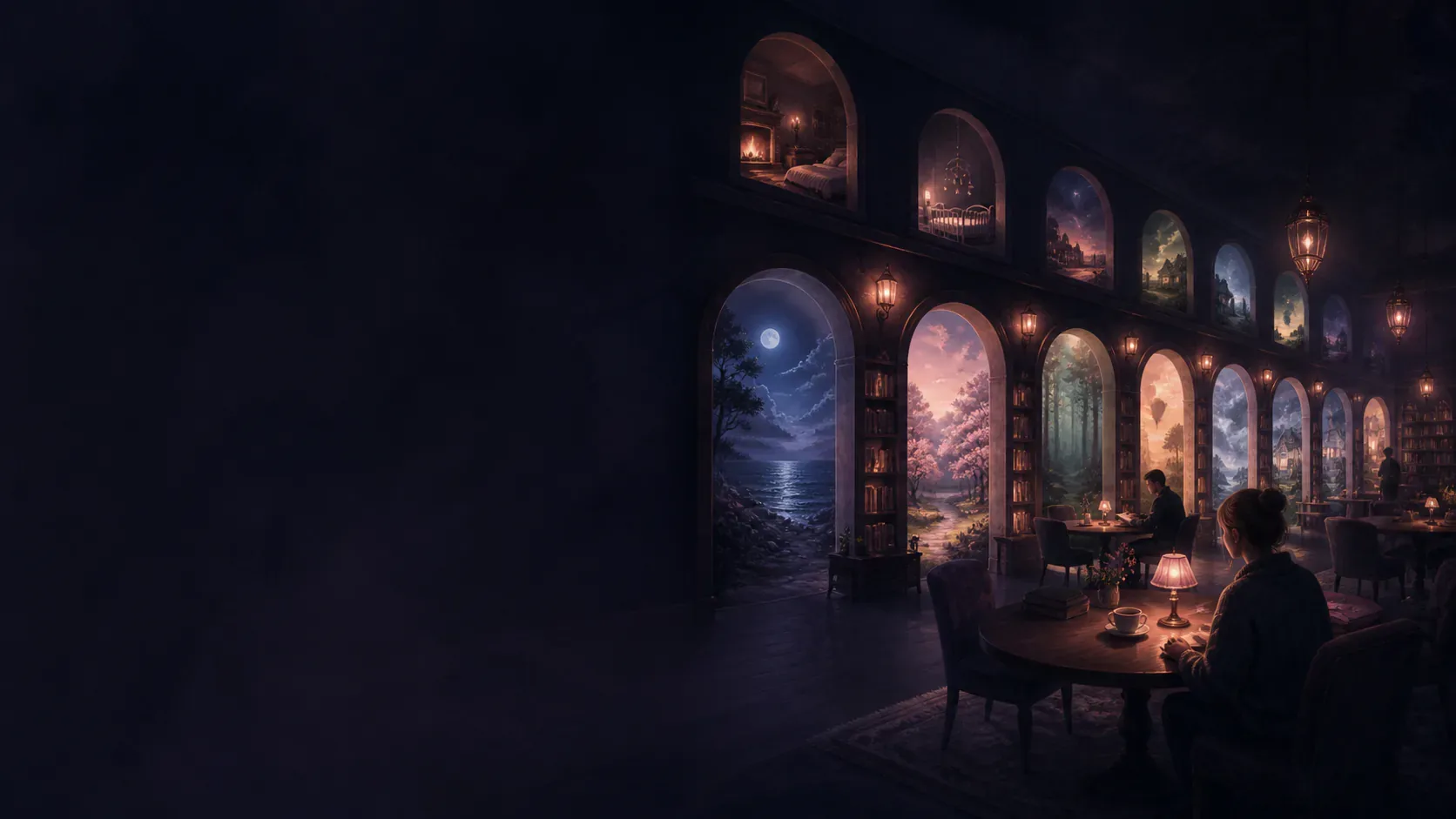 A moonlit library cafe with arched windows opening onto dream landscapes
