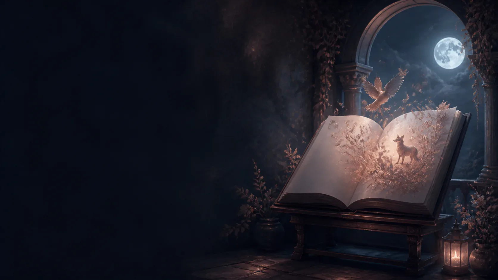 An open folio with animals and plants emerging beneath a moonlit arch