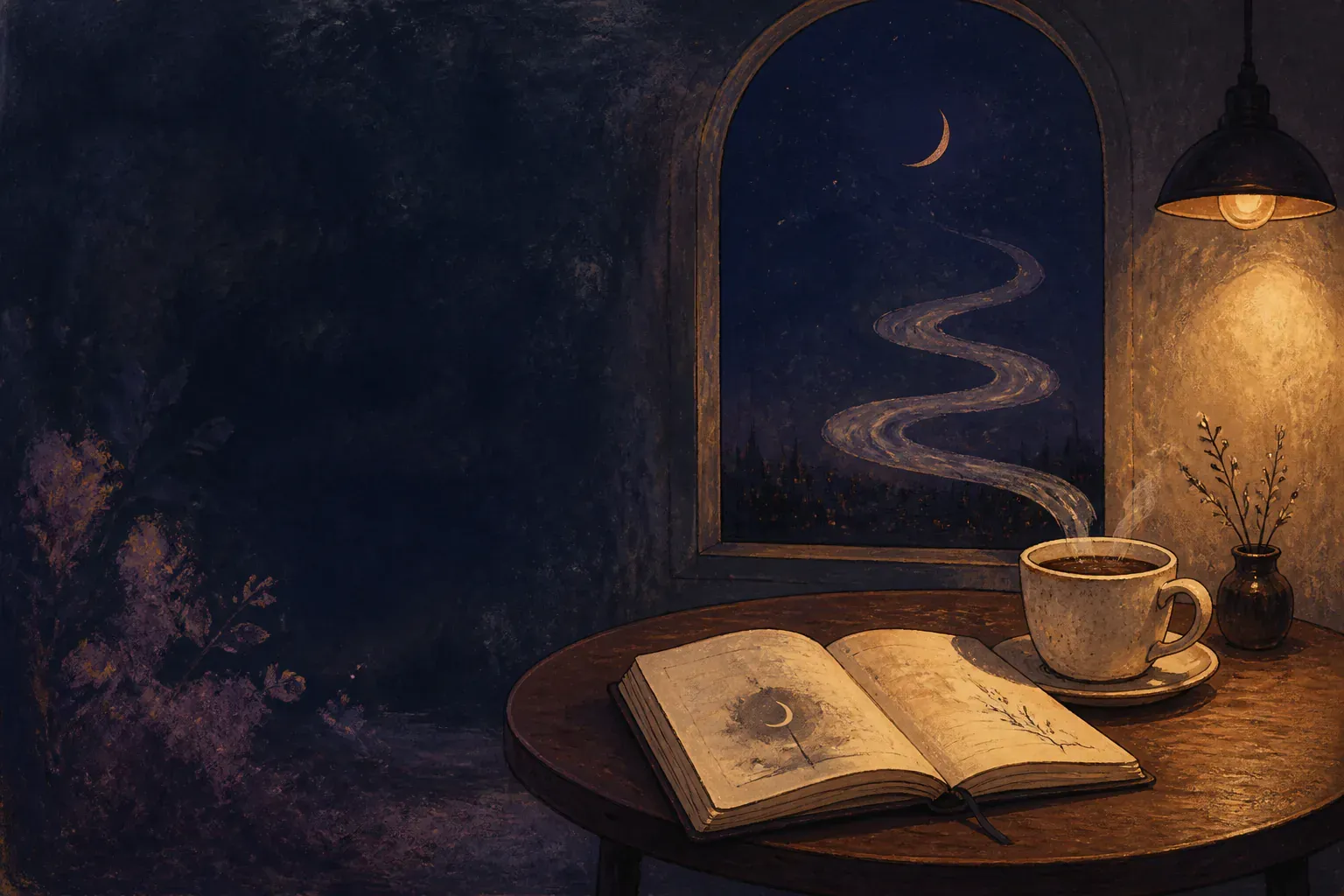 An open dream journal and warm cup in a quiet cafe beneath a crescent moon