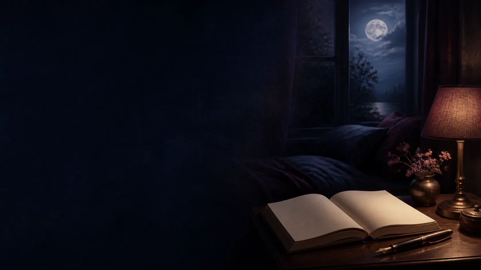 An open dream journal beside a warm cup beneath a crescent moon in a mythic cafe