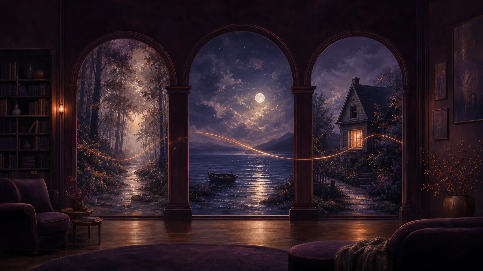 A forest path, moonlit sea, and familiar house connected across three arches