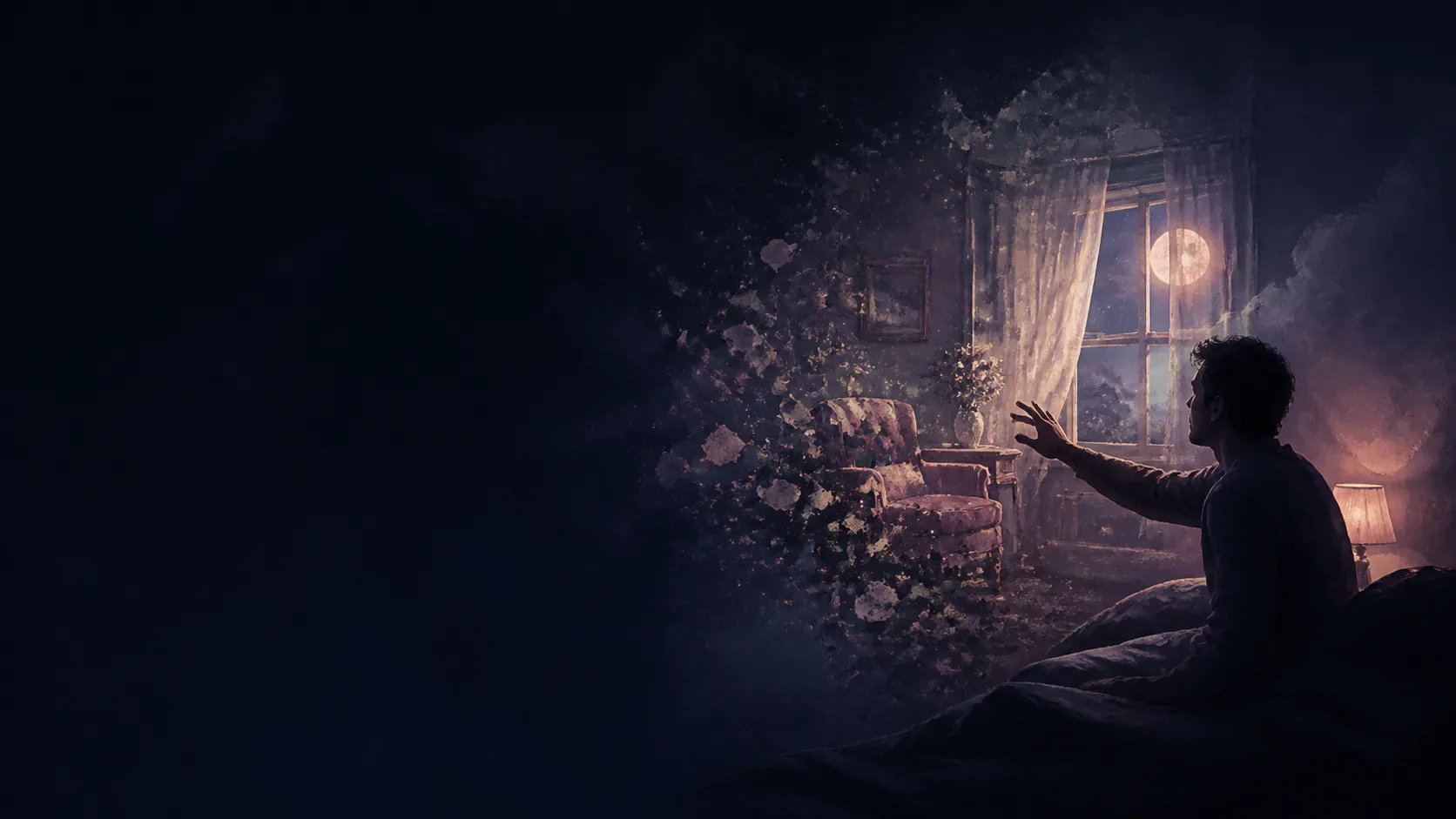 A sleeper beside a fading ribbon of dream images and a small notebook in a misty indigo room