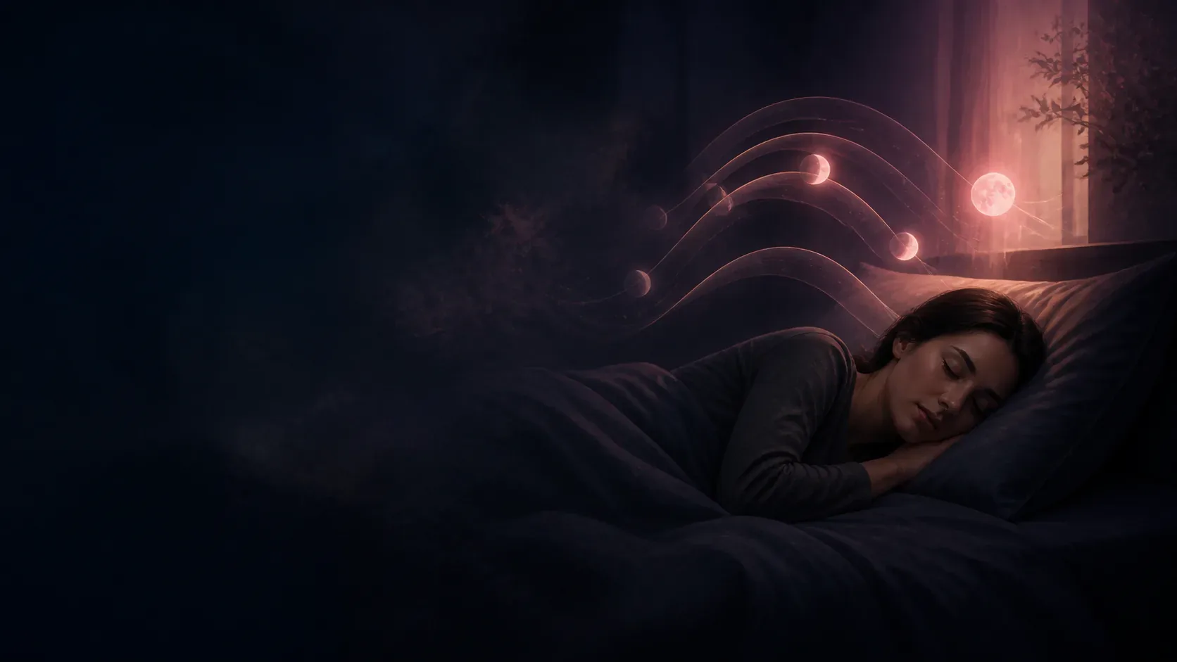 A sleeping person beneath flowing bands of soft moonlight