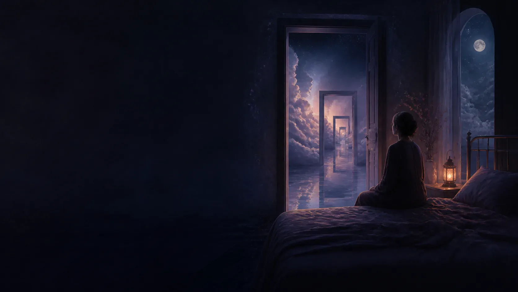 A bedroom opening through repeating doorways into a moonlit sky