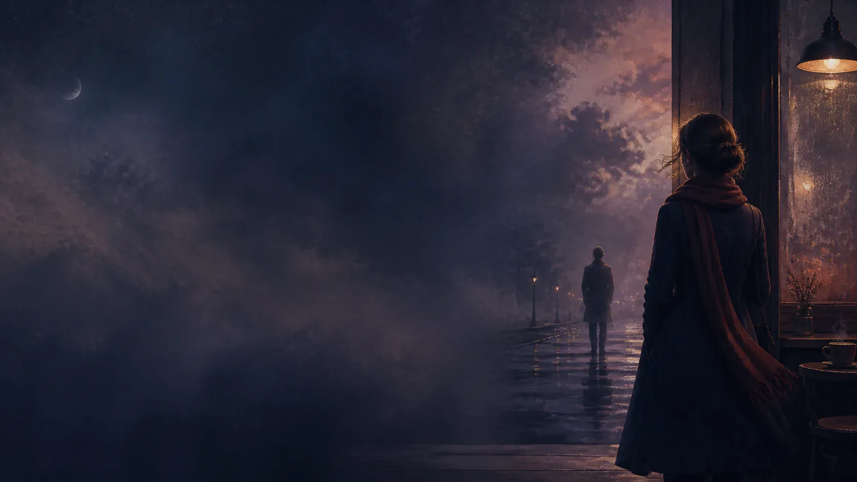 Two people separated by a quiet moonlit threshold outside a warm cafe
