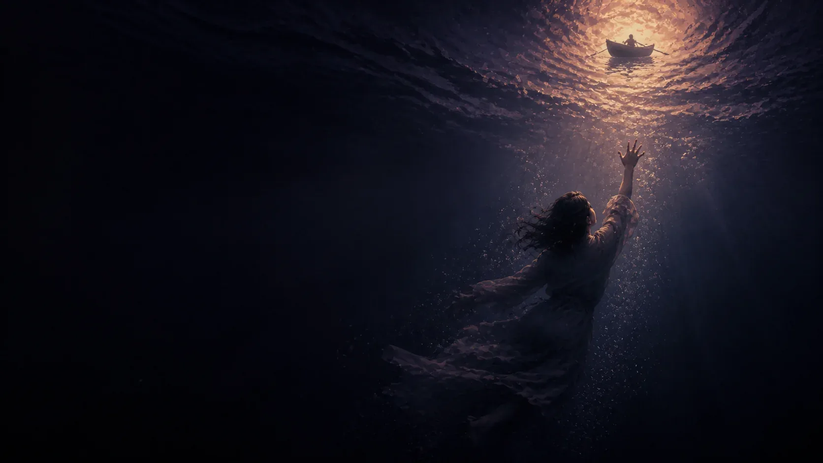 A dreamer reaching through dark moonlit water toward warm surface light and a distant rowboat