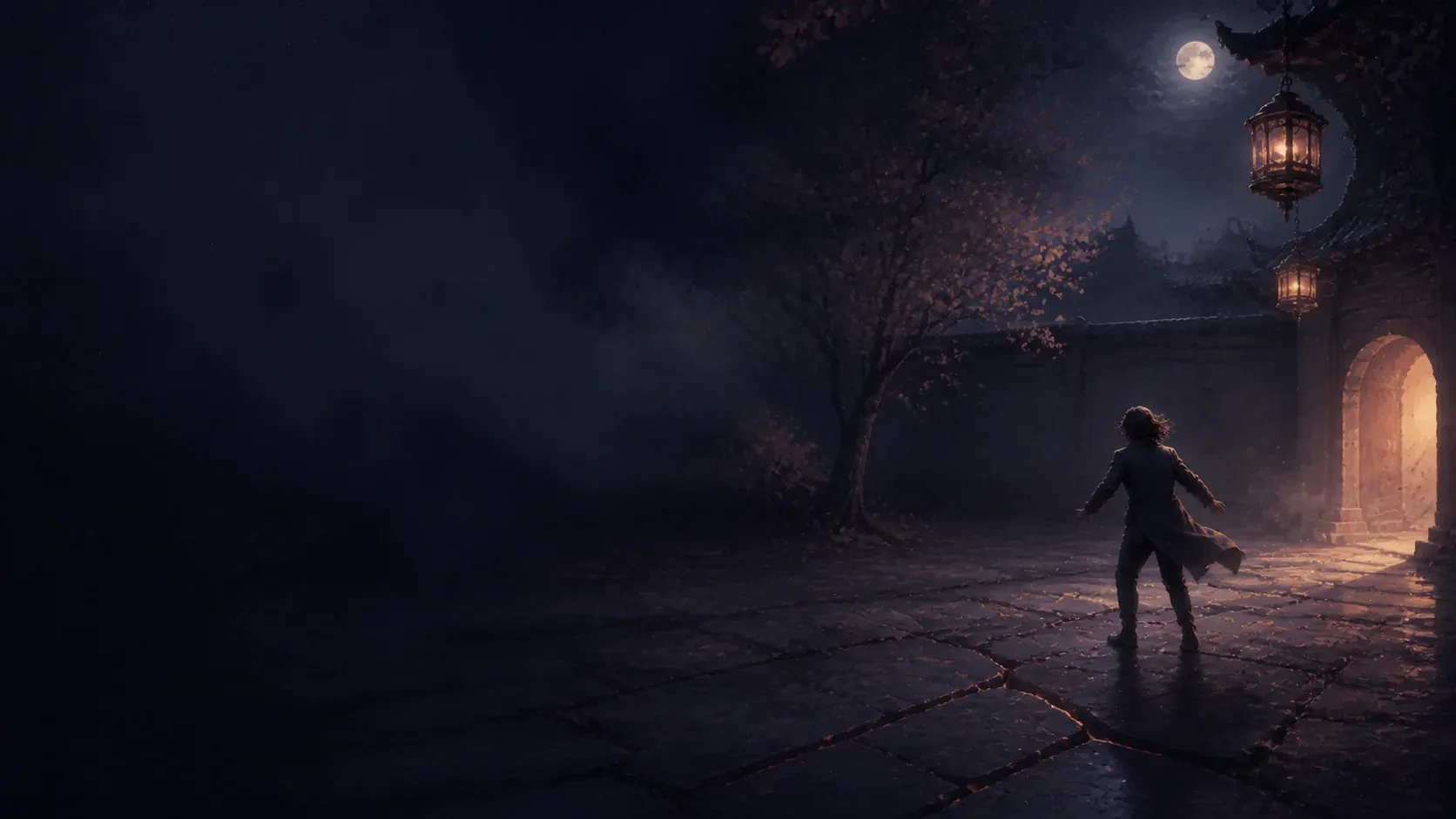 A dreamer steadying on cracked courtyard tiles beneath swaying lanterns and a warm open archway