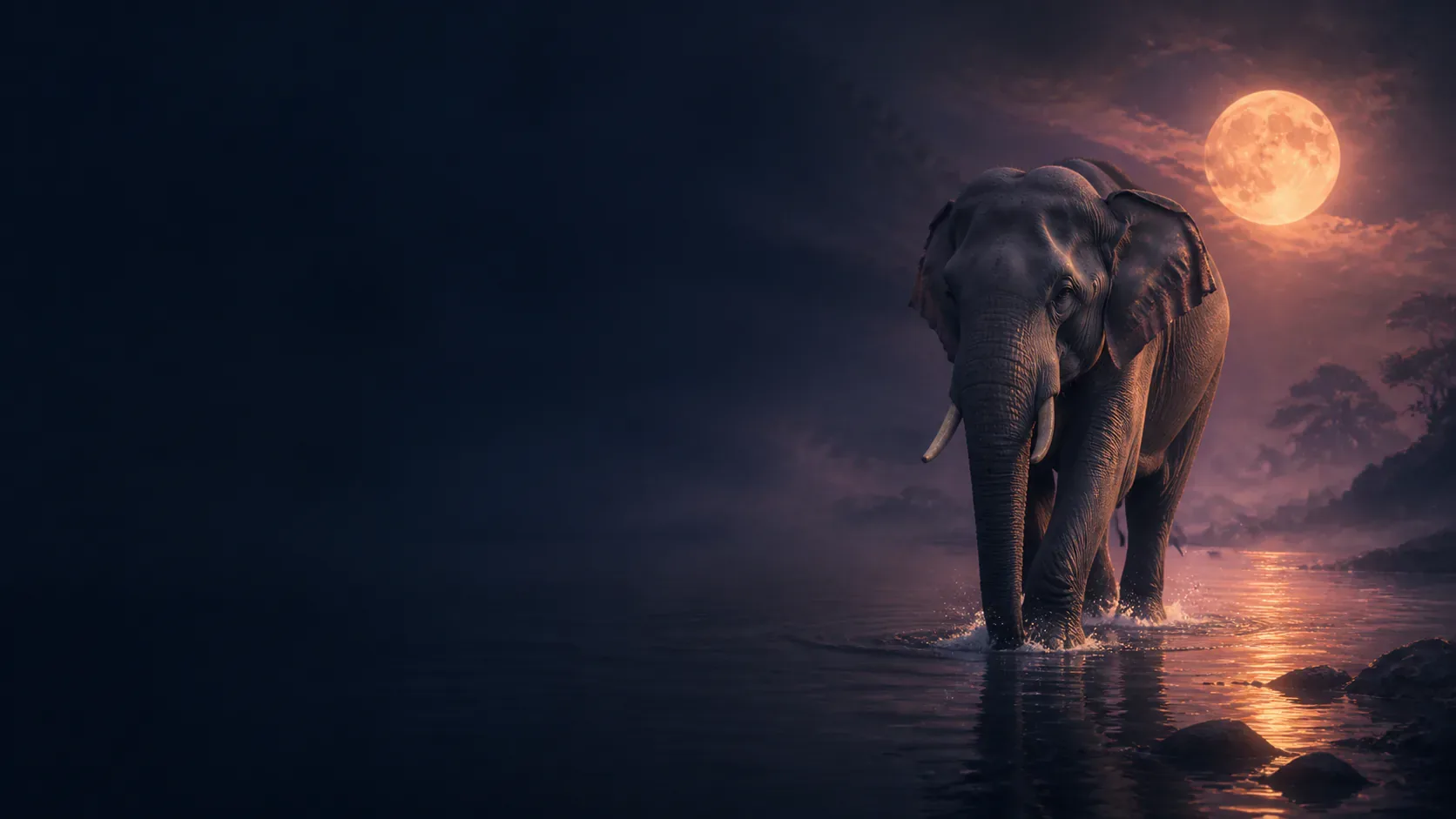 A moonlit elephant standing beside a mythic cafe courtyard with warm copper lanterns