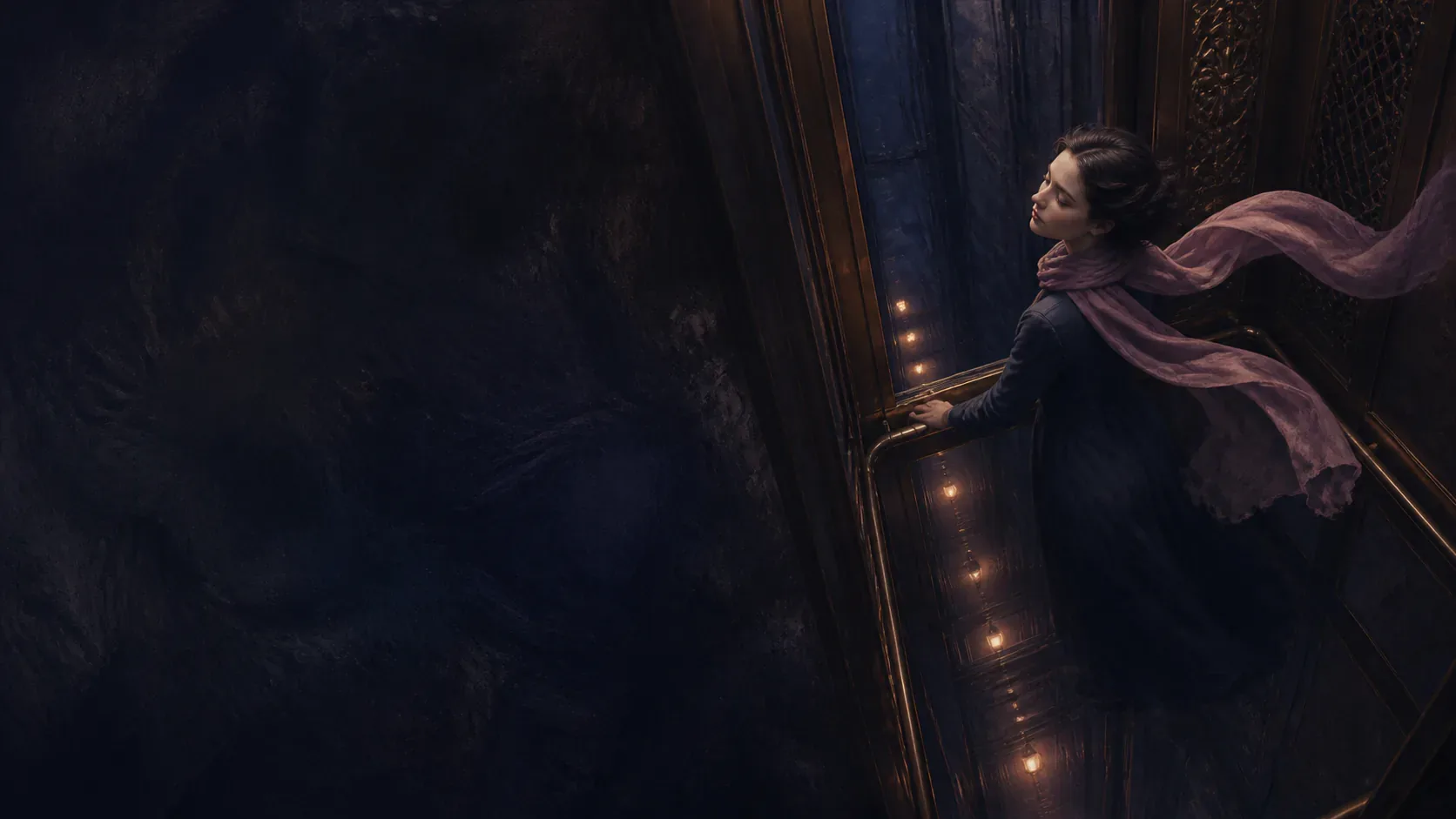 A dreamer inside a falling glass elevator in a mythic tower at twilight