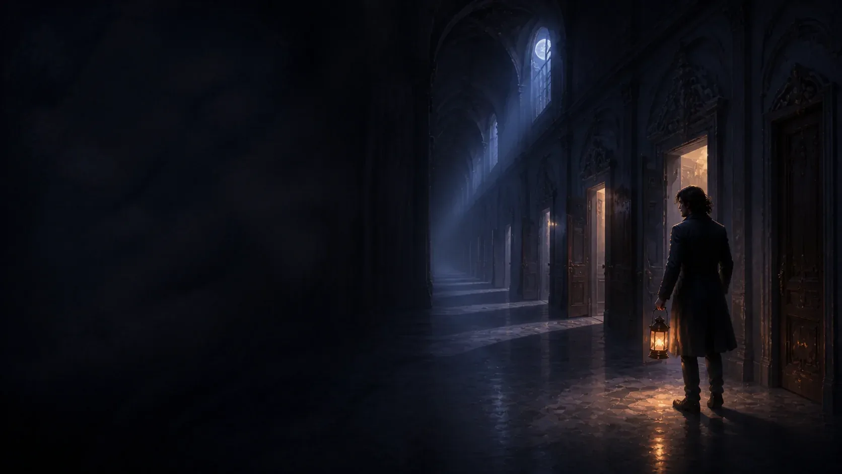 A dreamer carrying a copper lantern beside repeating doors in a vast moonlit corridor