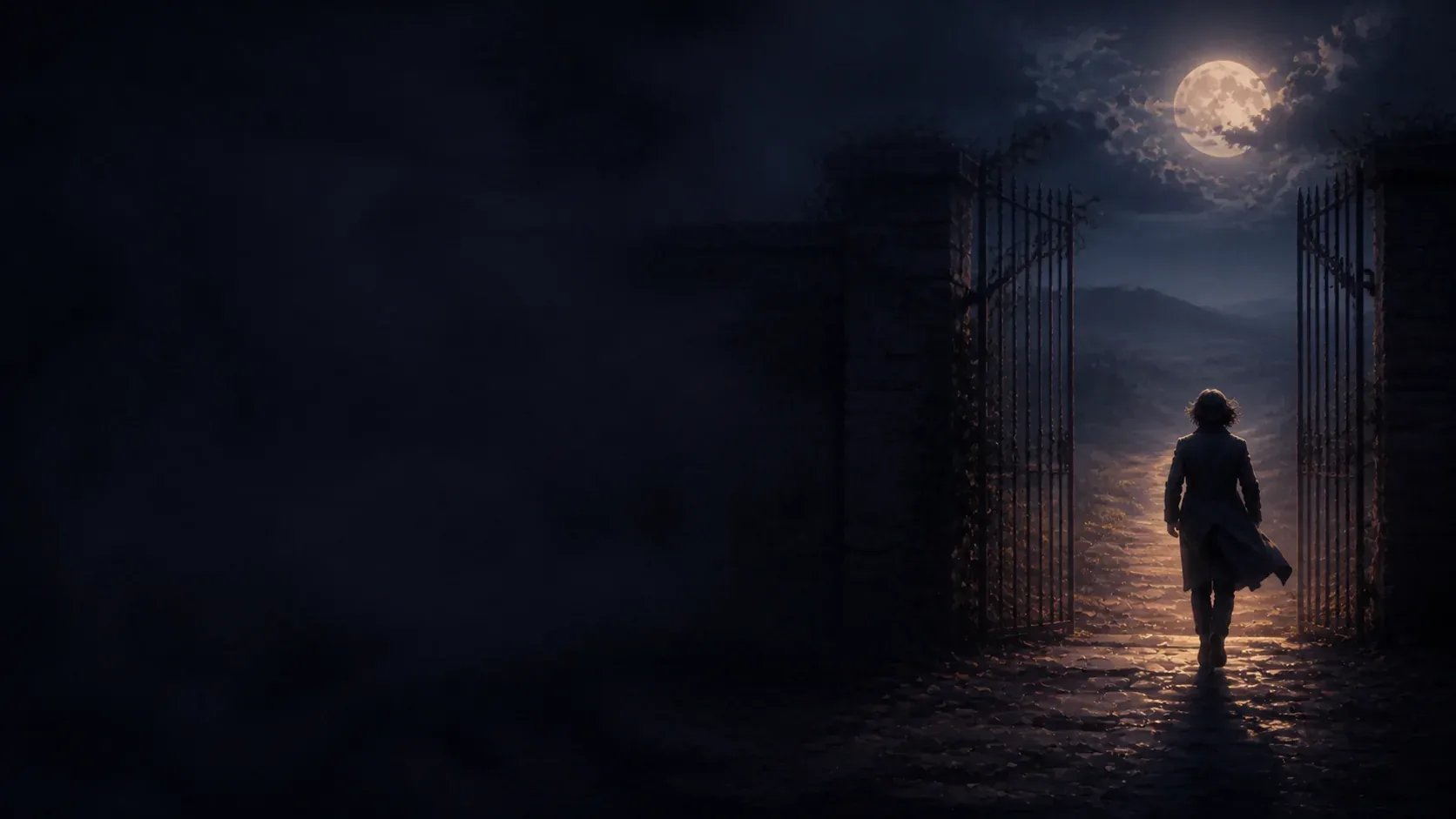 A dreamer walking through an open iron gate toward a moonlit path and distant hills