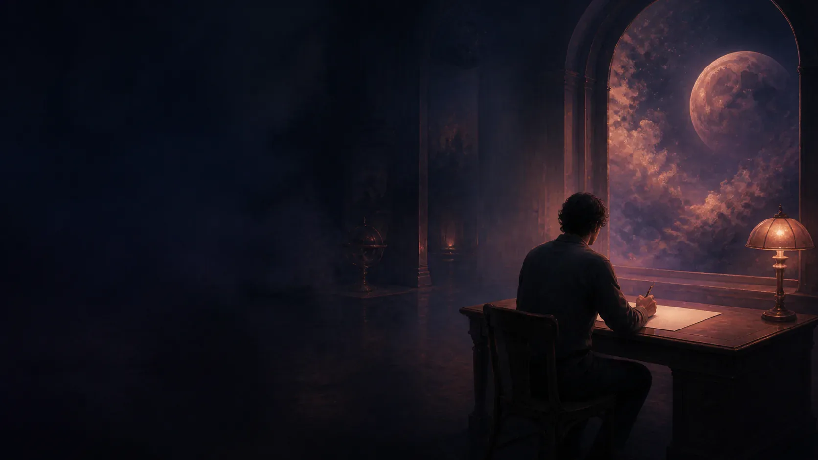 A dreamer facing an unfinished exam beneath a vast mythic clock