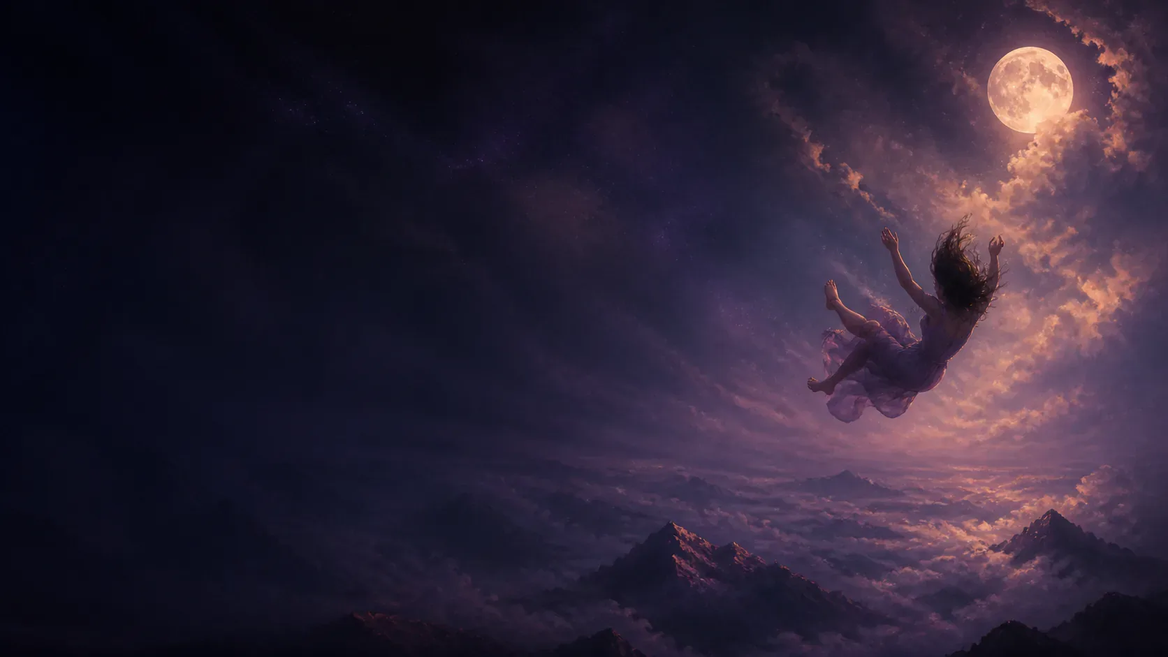 A person falling gently through an indigo night sky above moonlit clouds and mountains