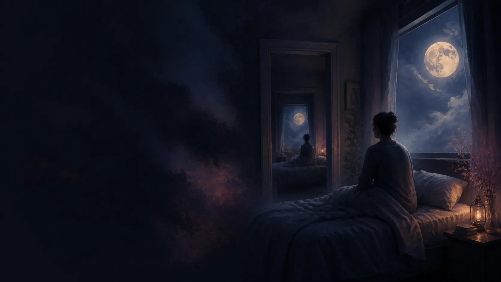 A dreamer appearing to wake in a familiar bedroom repeated through moonlit doorways
