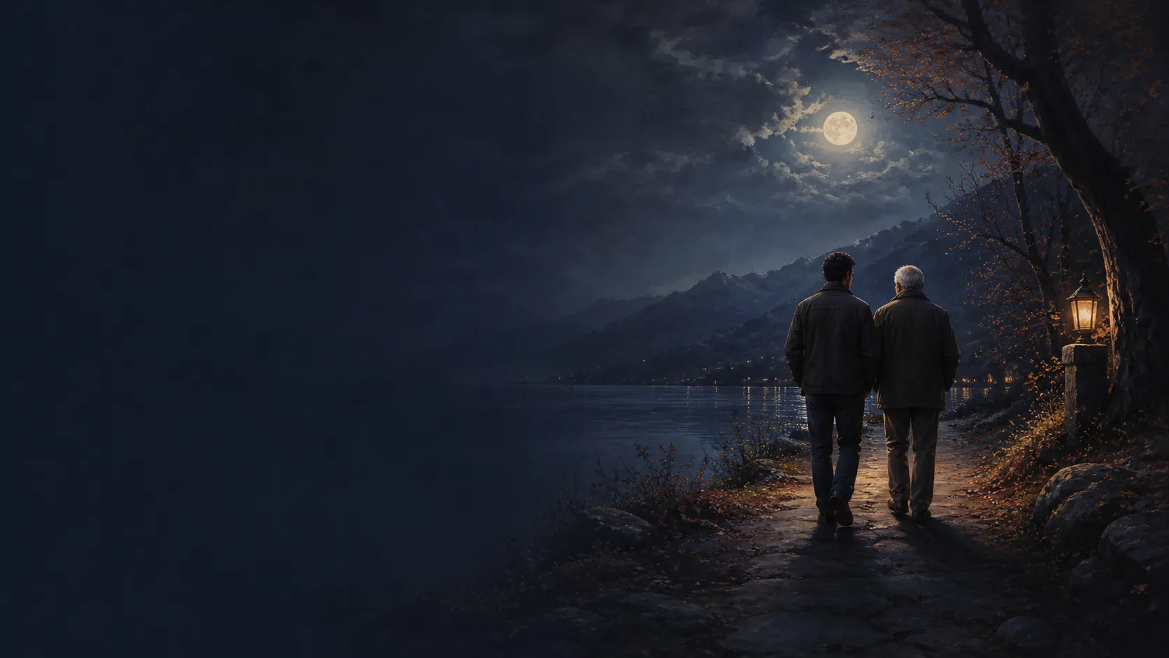 Two men standing beside a copper-lit workbench in a quiet mythic indigo room