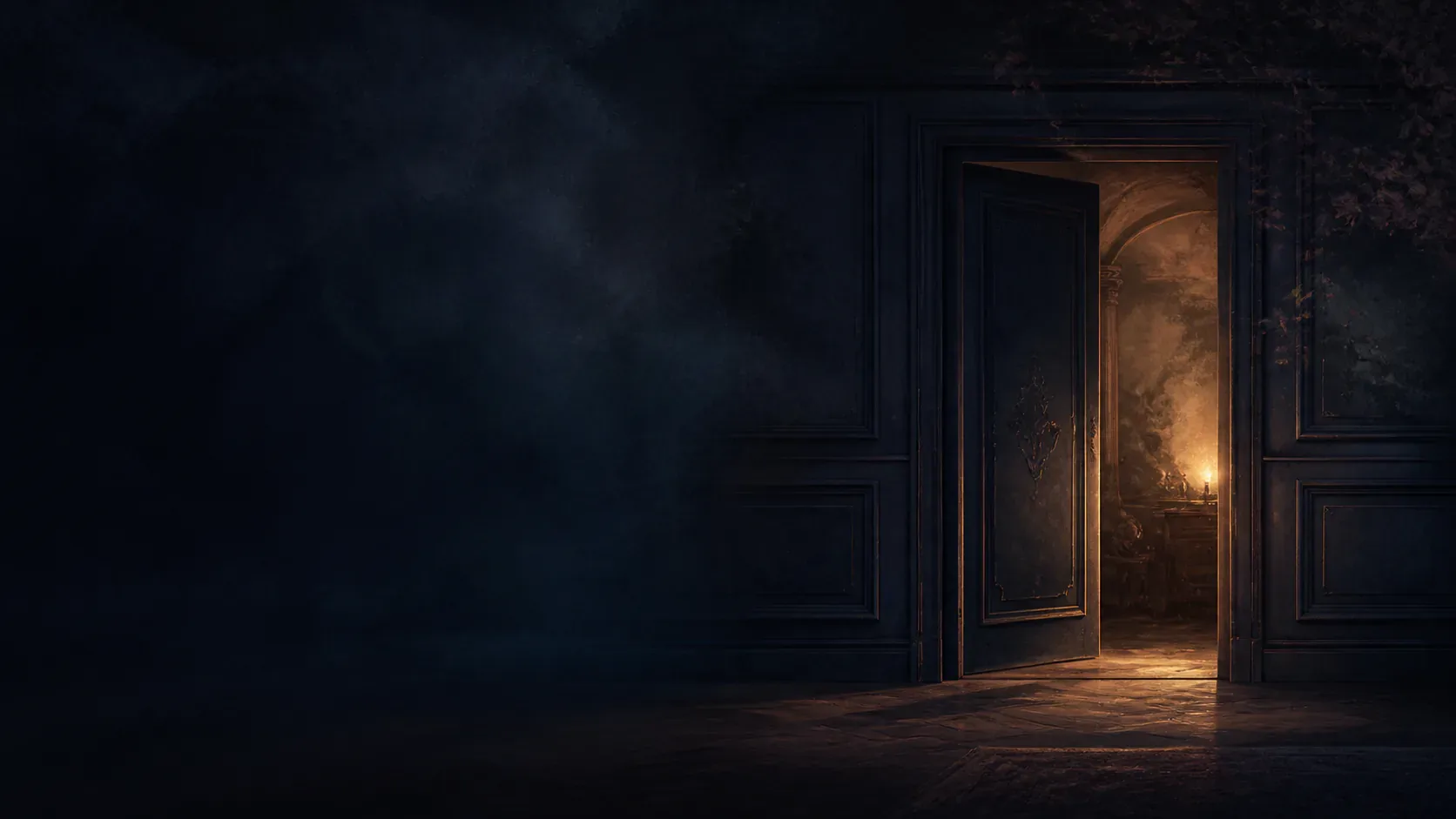 A figure opening a concealed doorway into a softly lit mythic room