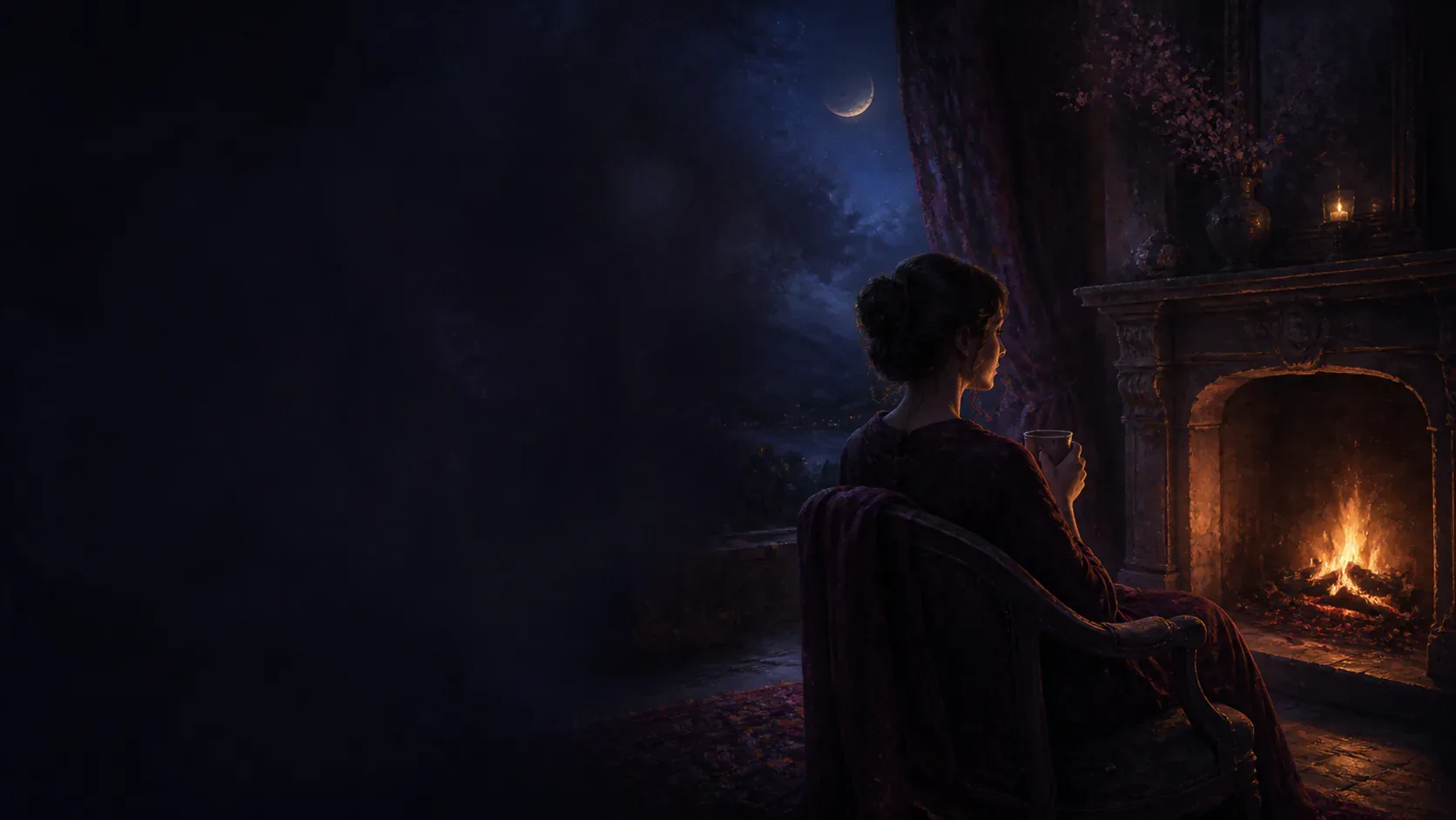 Copper flames rising through a dark mythic forest beneath an indigo sky