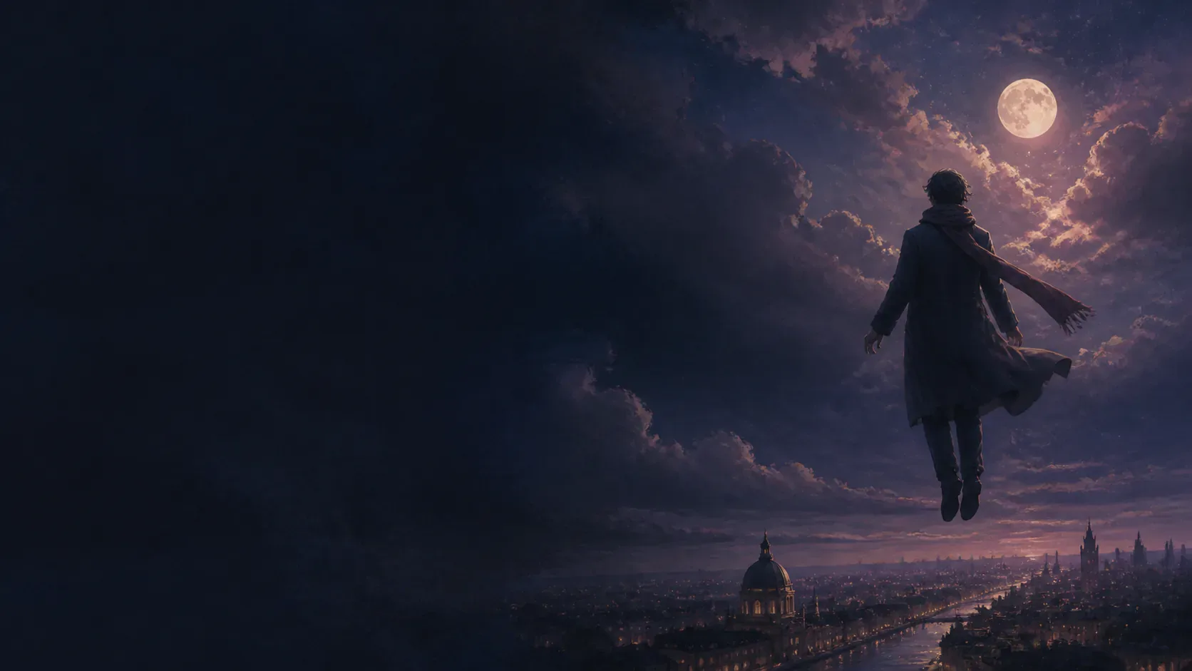 A person flying above a moonlit valley with indigo clouds and distant copper lights